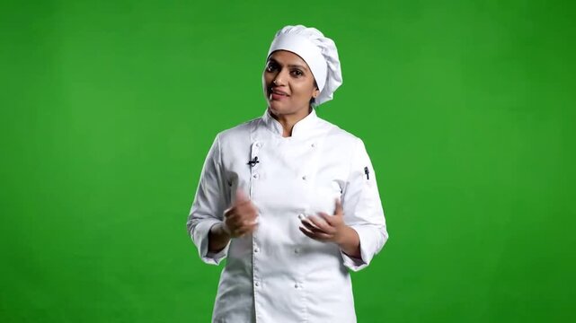 Medium shot of female chef in front of green screen