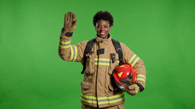 Medium shot of firefighter waving with helmet on green screen