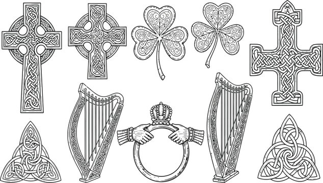 Celtic Cross and Shamrock Vector Set, Irish Folk Art Engraved Clipart, Vintage Saint Patrick's Day Outline Pack, Celtic Knot and Claddagh Ring Graphics, Traditional Irish Symbol Sticker Collection