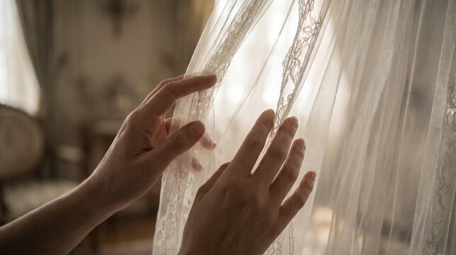 detailed Macro photo of hands parting white veil 2k showing abstract micro structural details and textures with professional studio lighting