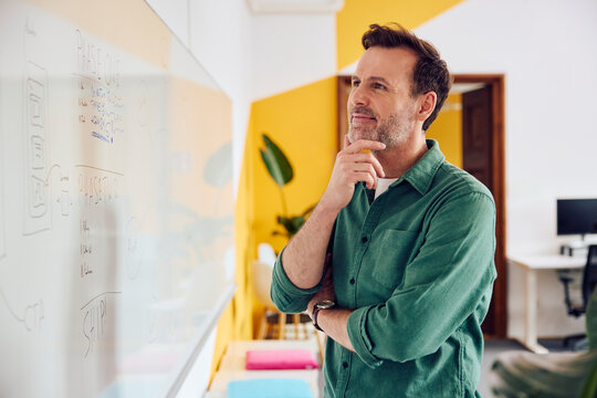 Businessman thinks about strategy while looking at whiteboard