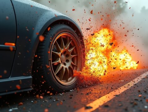 Car wheel exploding asphalt with fire and debris