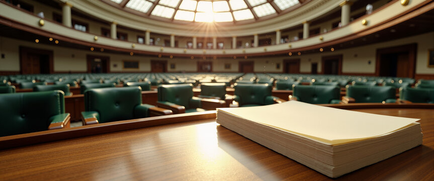 Empty press gallery overlooking parliament chamber with vacant seats for journalism media website blog