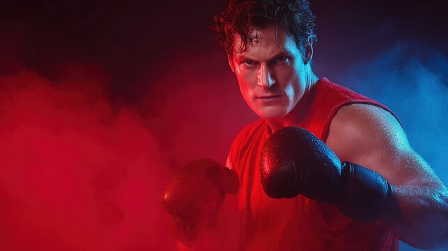 Male boxer red shirt close up, Intense action dramatic lighting, Fitness gym motivation poster