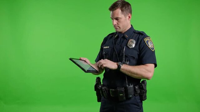 Medium shot of police officer using tablet on green screen