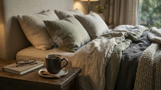 Mushroom coffee adaptogen bedroom nightstand mug book glasses morning calm cozy interior with soft light and unmade bed