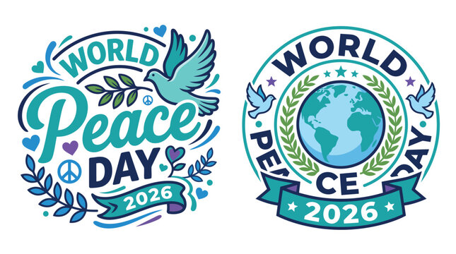 Two creative graphic design emblems for world peace day 2026 featuring a dove globe and laurel wreath elements