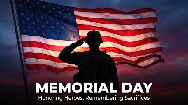 A silhouette of a soldier saluting the american flag in honor of the solemn veteran day remembrance