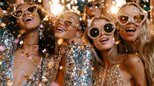 Four joyful women in sparkling sequined outfits and glittery sunglasses celebrate amidst falling confetti, glowing lights, and festive energy.