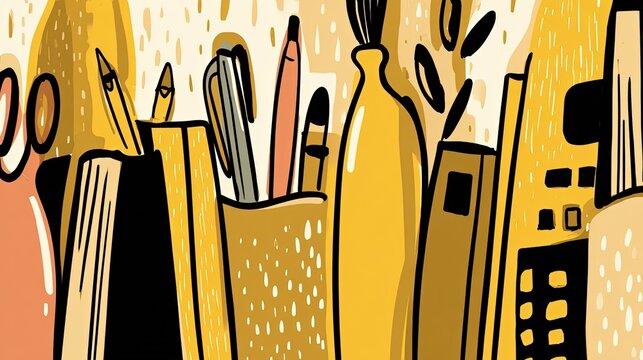 Yellow art supplies and books, Whimsical doodle pattern background, Creative education back to school banner