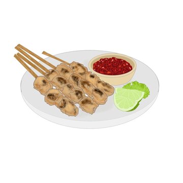 Indonesian Food Sate Taichan or Taichan Chicken Satay with Chili Sauce and Lime Wedges Illustration 