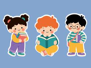 Fototapeta premium Three Cute School Children Reading and Carrying Books Sticker Set on Blue Background