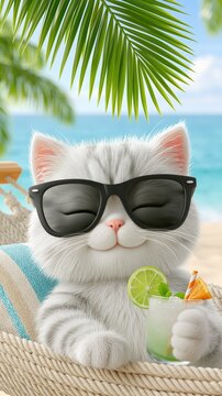 3d visualization of cat wearing black sunglasses lounging on a long hammock at tropical beach. vertical wallpaper