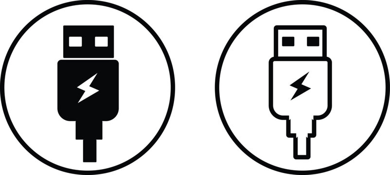 USB flash drive and charging cable icon set vector with lightning bolt symbol. Hardware technology connector sign for fast transfer concept
