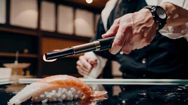Sushi chef torching salmon nigiri over sushi bar with precision. He sears fish surface with handheld flame while rice rests on glossy counter, creating warm light and focused culinary craft.
