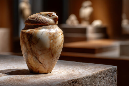 Ancient alabaster canopic jar with carved lid on a stone surface, warm museum lighting, Egyptian artifact style, blurred gallery background