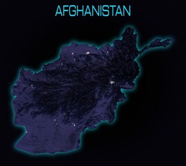 Afghanistan at Night Map with City Lights and Neon Glow. Satellite-style terrain illustration in space with title. Elements derived from NASA imagery and NASADEM Dataset. © Eugene Ga