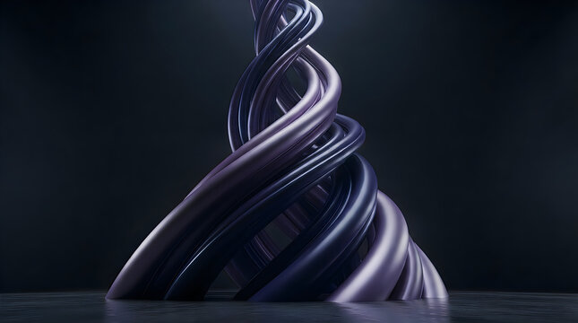 Sculpture Twisting Around Axis, Purple Metallic Arches Spiral Against Dark Backdrop