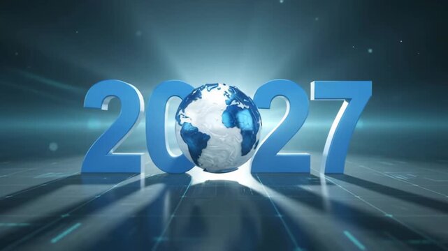 Year 2027 blue 3D text with rotating earth globe. Global business and technology concept for 2027. Futuristic world map background.
