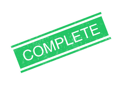 Green complete stamp with bold white text on transparent background
