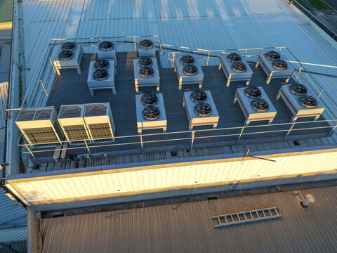 Kilsyth South, Australia - 29 August 2026: Aerial view of the Micron21 Data Centre rooftop featuring rows of industrial air conditioning units and safety railings.