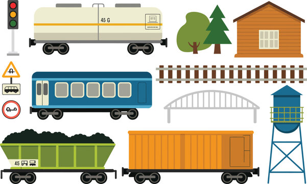 Vector illustration set of train cars railway elements including a tanker passenger car hopper wagon bridge house and tracks