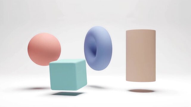 Metallic 3d geometric shapes floating and rotating in bright space