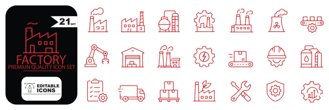 Factory icon set. Related to warehouse, industrial, manufacturing, conveyor and more. Manufacture icon set. Minimalist linear icons. Editable stroke. Vector illustration. 
