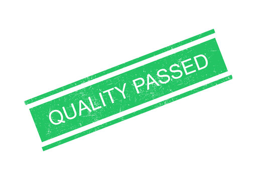Green quality passed stamp with white text on transparent background