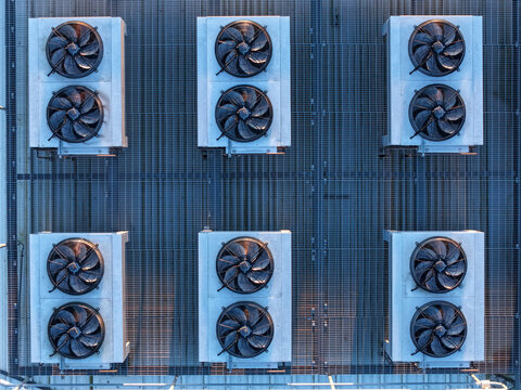 Kilsyth South, Australia - 29 August 2026: Aerial view of industrial cooling fans on the roof of the Micron21 Data Centre, showing symmetrical ventilation units.