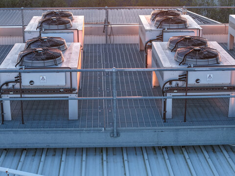 Kilsyth South, Victoria, Australia - 29 August 2026: Aerial view of HVAC cooling units on the Micron21 Data Centre rooftop, featuring metal grating and industrial infrastructure.