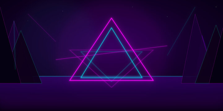 Neon triangle geometric abstract landscape background on transparent background