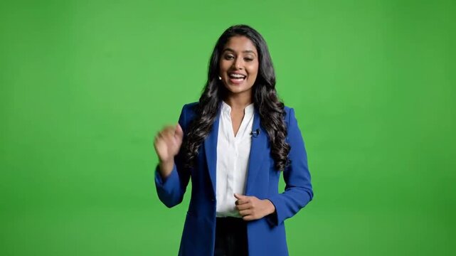 Medium shot of woman gesturing in green studio