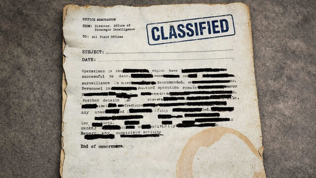 Classified document with black redacted text and blue ink stamp on aged paper.