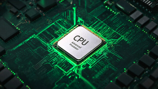 Central processing unit on a motherboard with glowing green digital data circuit lines.