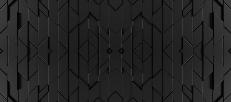 Geometric dark background featuring repeating extruded rectangular panels with sharp angled edges and matte black texture