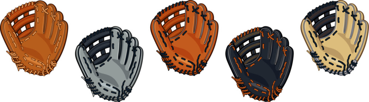 simple classic various leather baseball softball glove catchers mitt cartoon vector set on transparent background