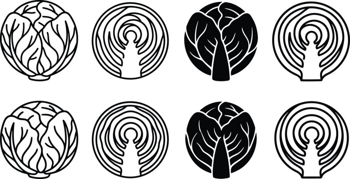 Fresh Cabbage and Lettuce Vegetable Icon Set Featuring Whole Heads, Halved Cross Sections, Line Art, and Solid Silhouette Minimalist Logo Vector Designs