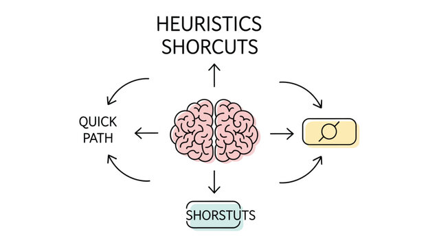 Heuristics and Shortcuts Brain Diagram: A clear visual representation of how heuristics and shortcuts function in the human brain, illustrating quick paths and simplified decision-making processes.