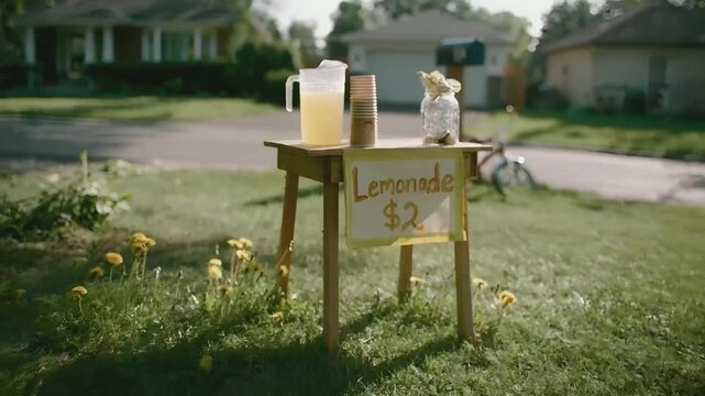 Summer hot vibe lifestyle. A candid outdoor scene shows a wooden lemonade stand with a sign that reads Lemonade 2.  The stand holds a pitcher of freshly squeezed lemonade, a stack of paper straws.