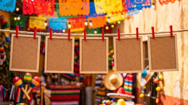 Five empty cork frames hanging on a rope with colorful mexican fiesta decorations in the background papel picado party decor traditional decor photo mockup wooden clips cultural decorations