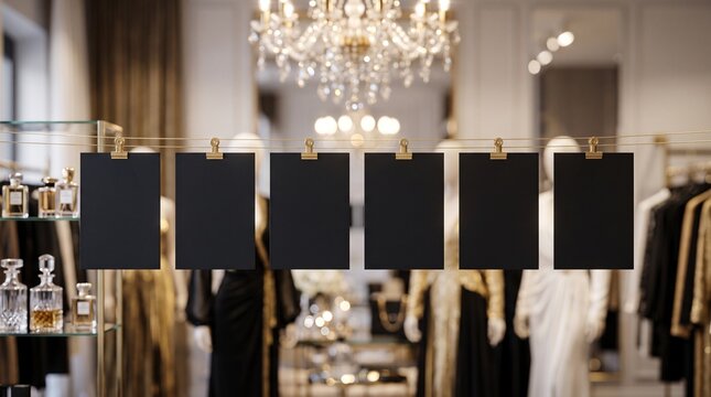 Six blank black frames hanging on a display in a luxury boutique with luxury store boutique interior fashion retail store design element hanging decoration shop interior mock