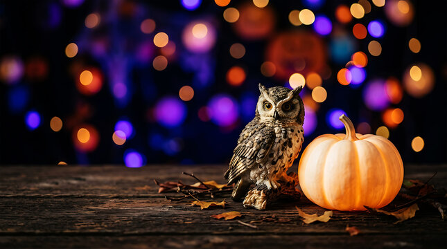 Majestic owl perched beside a glowing pumpkin with bokeh background