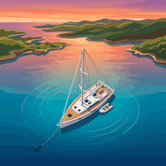Naklejka premium Vector illustration showing an aerial view of a luxury sailing yacht anchored in a peaceful bay during a vibrant sunset with rolling hills and calm blue coastal waters.