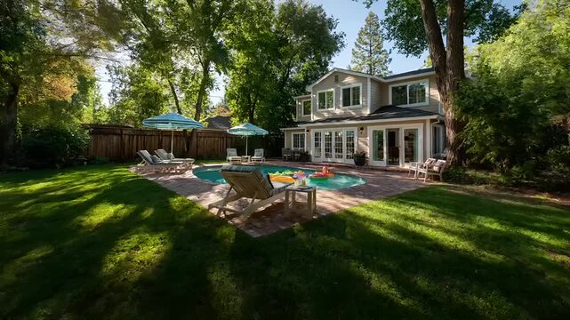 Summer hot vibe lifestyle. A vivid outdoor scene depicts a twostory house with a beige exterior and large glass windows. The house is surrounded by lush greenery, including trees and shrubs.