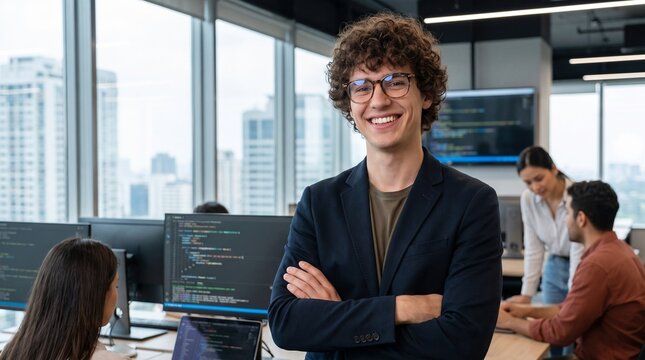 Happy software developer standing with arms crossed in corporate office with colleagues in background