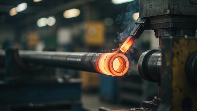 A glowing hot metal pipe is being processed by heavy industrial machinery in a modern factory. Manufacturing concept for heavy industry and metallurgy.