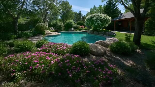Summer hot vibe lifestyle. A vivid outdoor scene depicts a serene backyard with a rectangular swimming pool. The pool is surrounded by lush greenery, including tall trees, shrubs.
