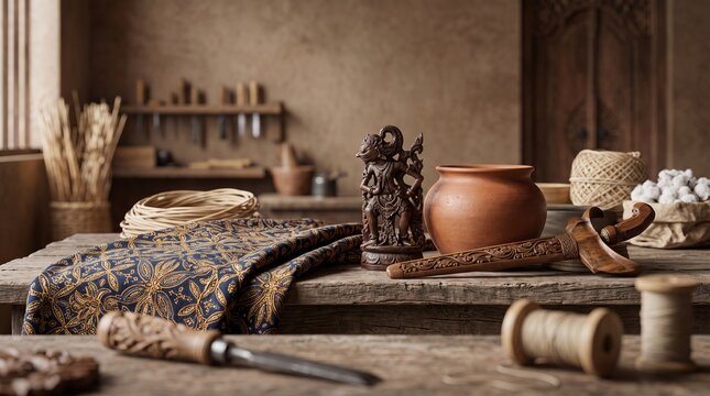 Javanese artisan workshop with wood carving keris and traditional batik fabric on rustic wooden table