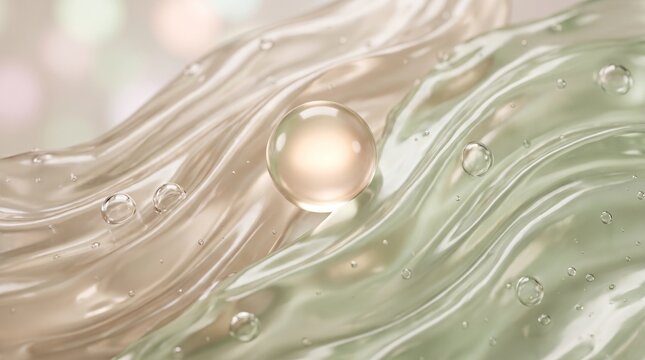 A glowing pearl-like sphere suspended in wavy, translucent gel with air bubbles, depicting a luxurious cosmetic or scientific fluid.